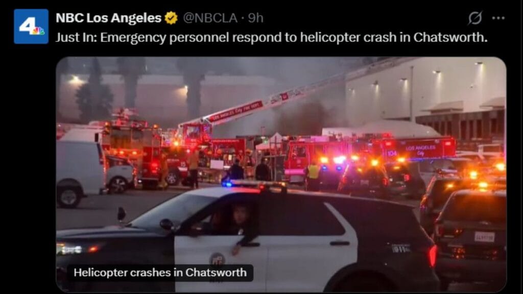 Zrzut ekranu wpisu stacji NBC Los Angeles na platformie X informujący o katastrofie śmigłowca w Chatsworth