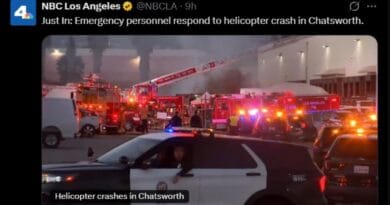 Zrzut ekranu wpisu stacji NBC Los Angeles na platformie X informujący o katastrofie śmigłowca w Chatsworth
